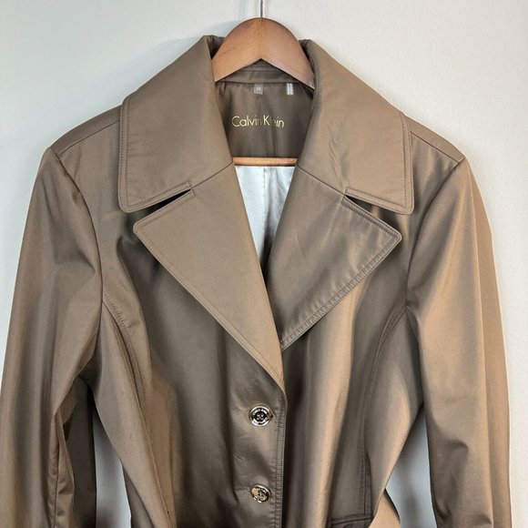 CALVIN KLEIN Trench Coat 0X Bronze Brown Single Breasted Belted Button Up Womens - Picture 2 of 12